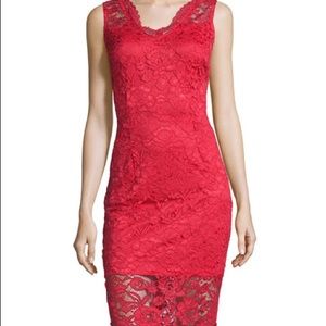 Marina sleeveless red lace sheath dress